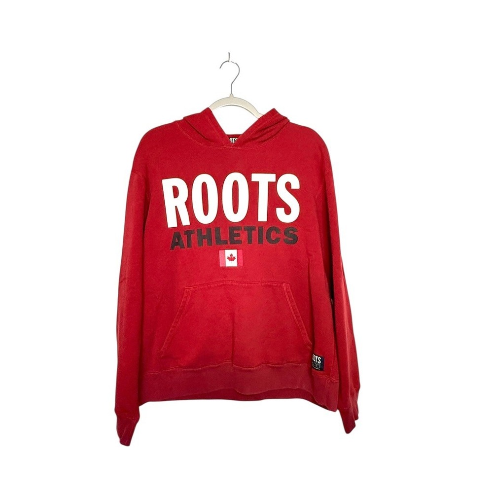 Roots Athletics Red Pullover Hoodie Canadian Flag Logo Men Medium Made in Canada